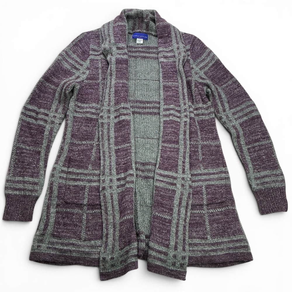 Simply Styled Purple Plaid Cardigan Women Small Metallic Open Front Knit Sweater - Picture 7 of 16